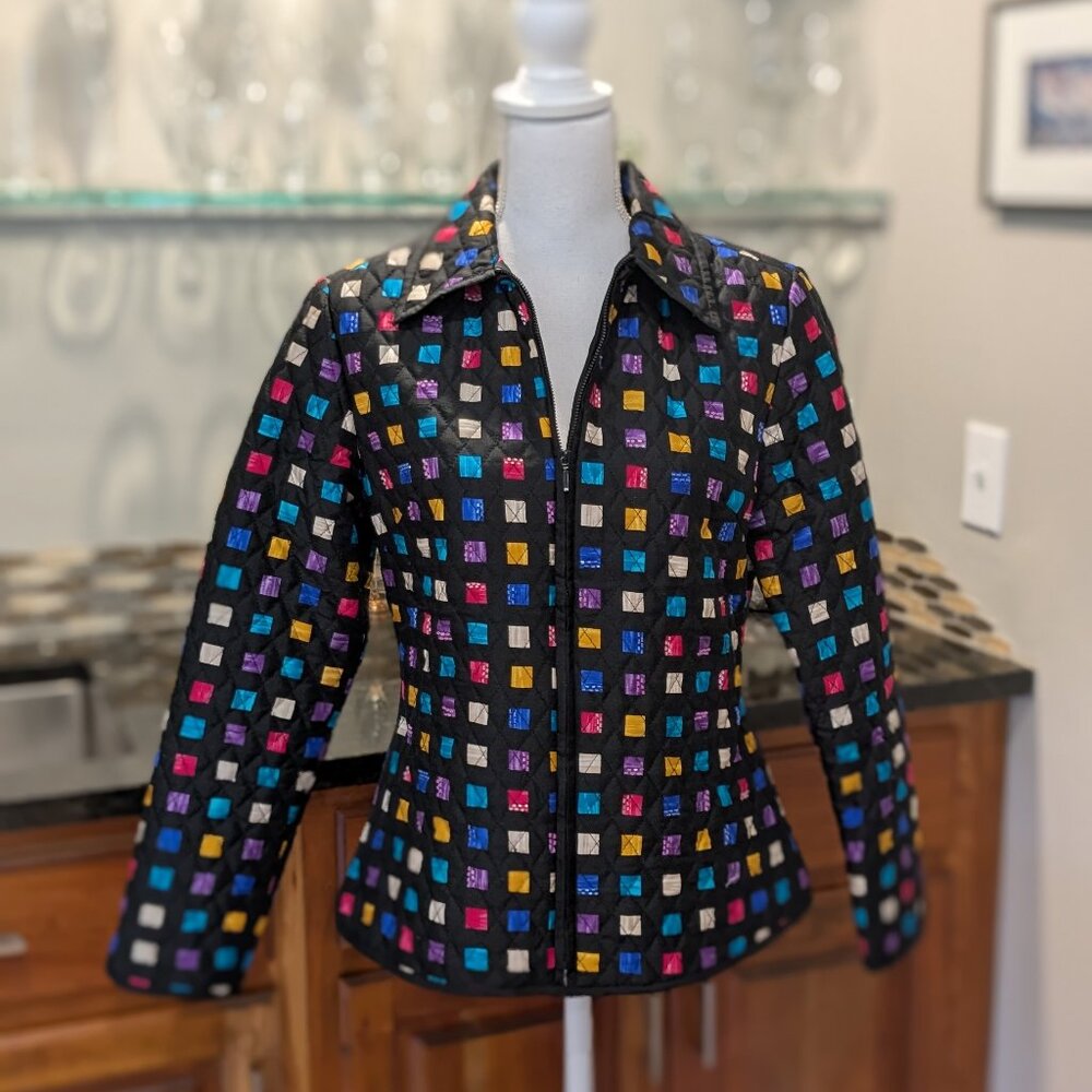 SilkLand S Colorful Black 100% Silk Quilted Artsy Jacket Geometric Sparkly Coat